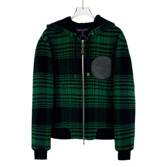 Louis Vuitton Green & Black Plaid Wool Hooded Zip-Up Jacket With Leather Patch D - Picture 1 of 8